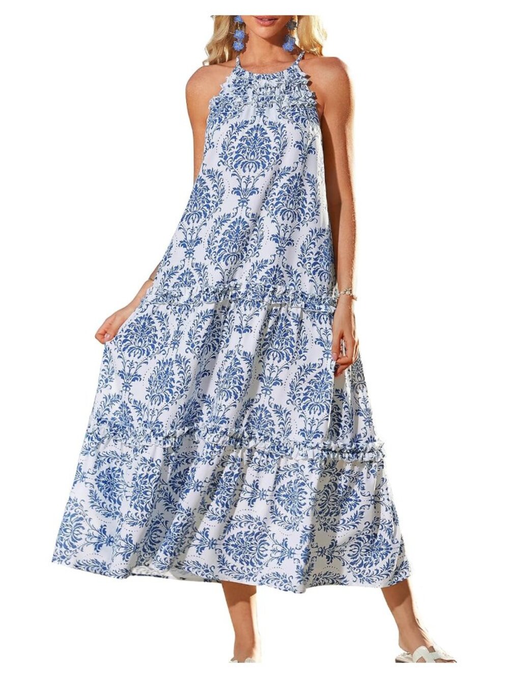 Women's Floral Halter Maxi Dress Tiered Ruffle Boho Beach Sundress